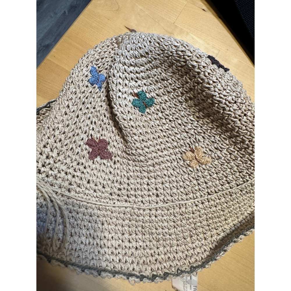 Cappelli Straworld Womens Beige Woven Straw Butterfly Bucket Hat NWT 2630